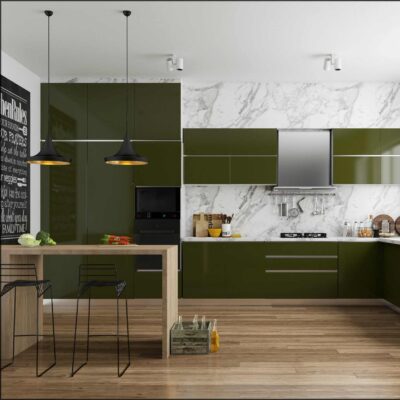 dark green modular kitchen with blum hafele fittings and accessories in gurgaon and delhi