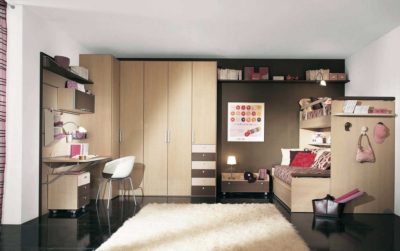 interiors of kitchen bedroom with wardrobes and study table and a bunk bed by design indian kitchen company in gurgaon and delhi